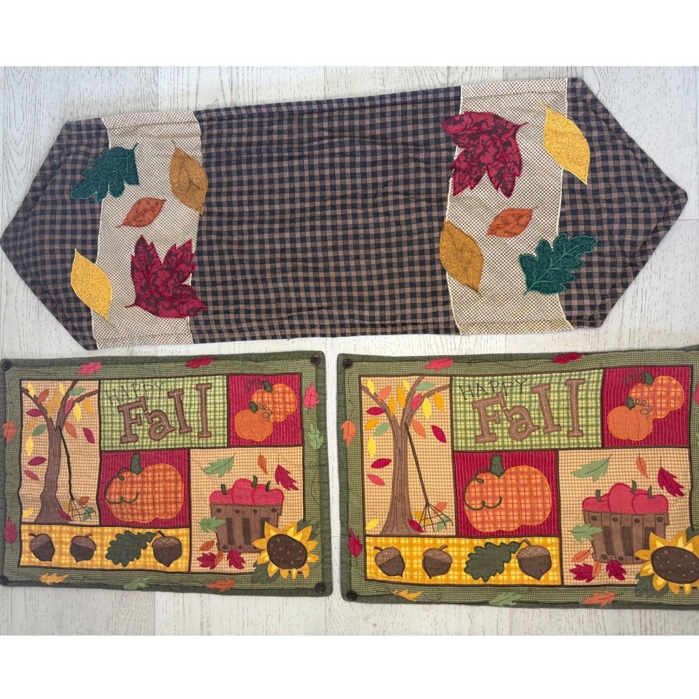 Vintage Rustic Autumn Happy Fall Table Runner and 6 Placemats Set Brown Orange